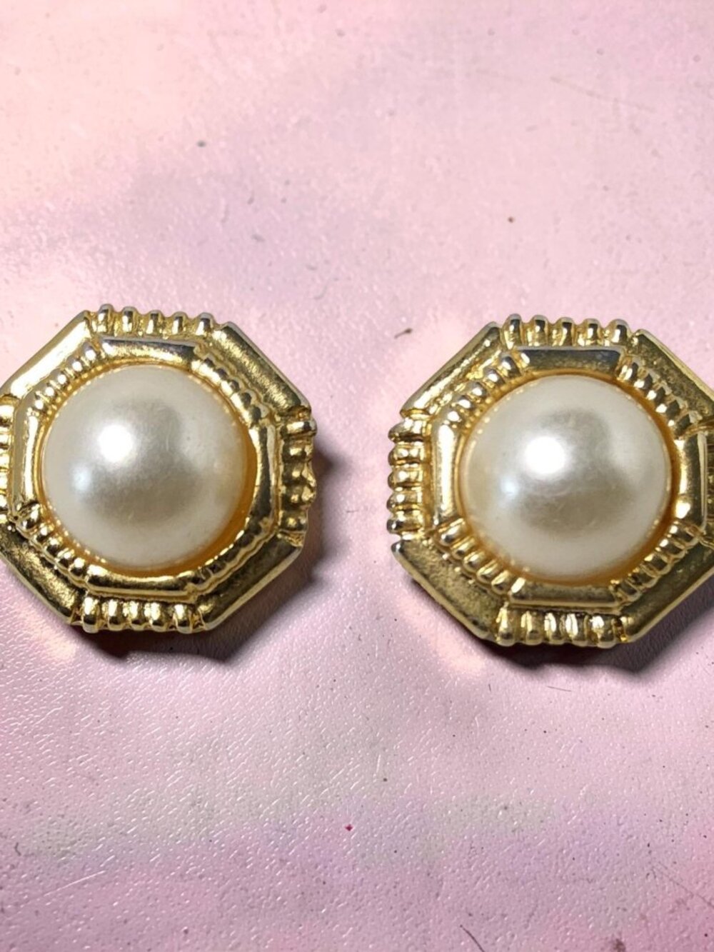Vintage Octagon Shape Gold Tone Dome Push Back Earrings